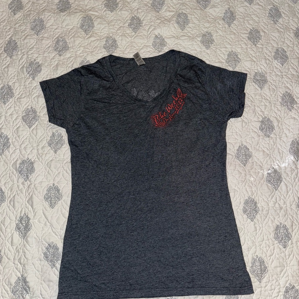 Women's Gray T-Shirt with Red Embroidery Bike Week 2002 SKU020